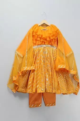 Orange hand woven organza cotton silk anarkali set