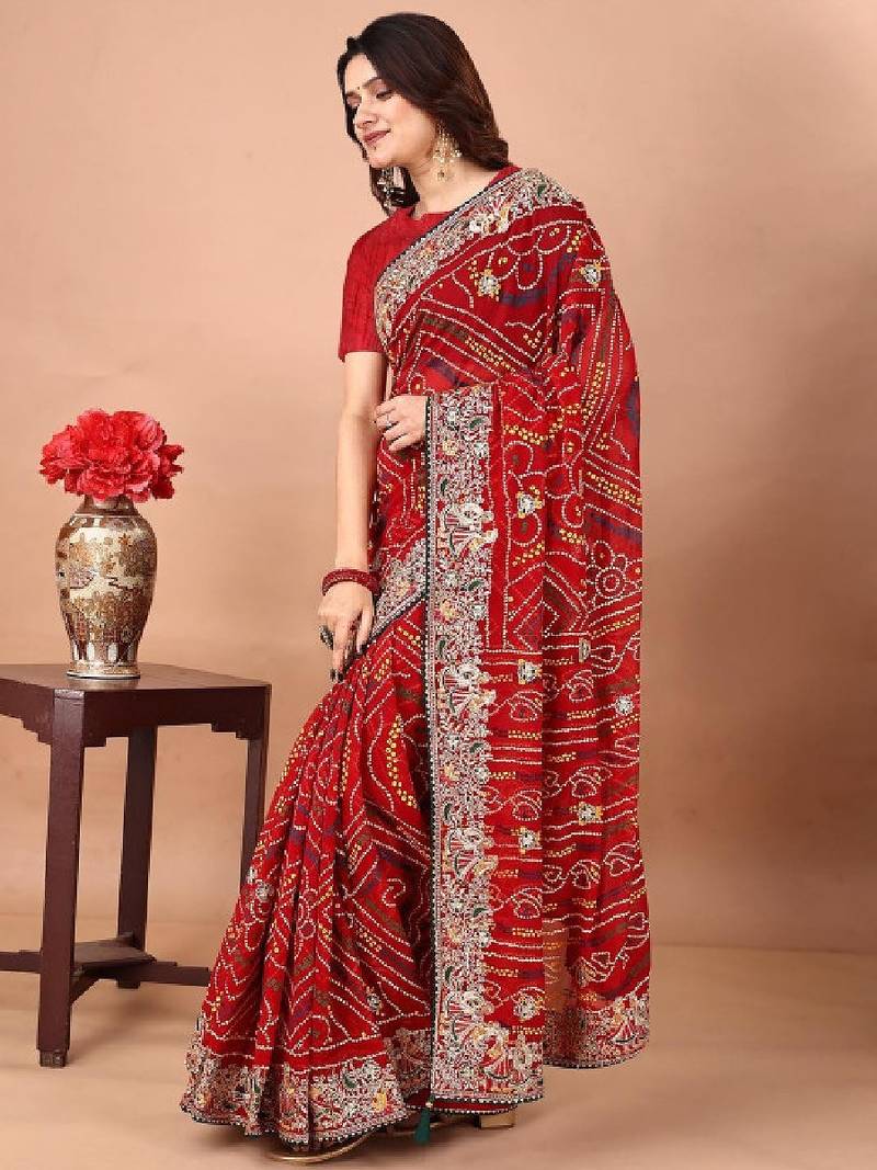Bandhani embroidered poly georgette bandhani saree