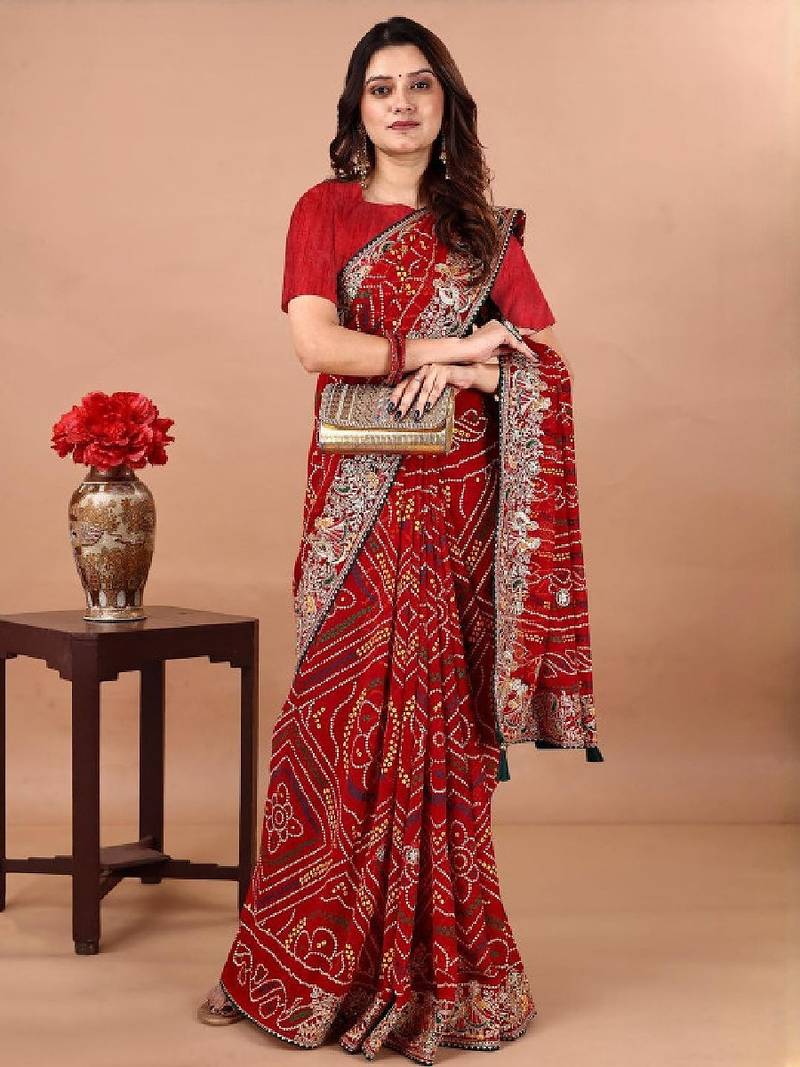 Bandhani embroidered poly georgette bandhani saree