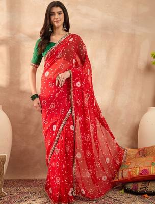 Floral sequinned poly georgette bandhani saree 1