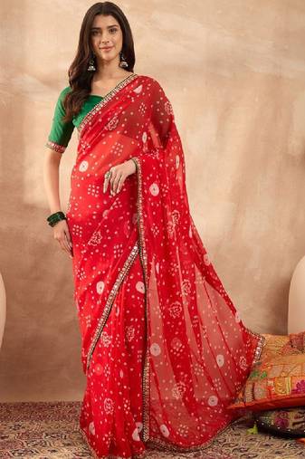 Floral sequinned poly georgette bandhani saree
