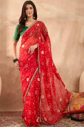 Floral sequinned poly georgette bandhani saree