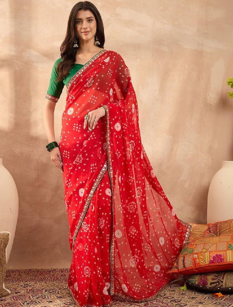 Floral sequinned poly georgette bandhani saree