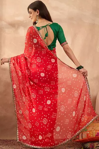 Floral sequinned poly georgette bandhani saree