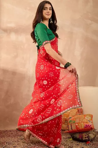 Floral sequinned poly georgette bandhani saree