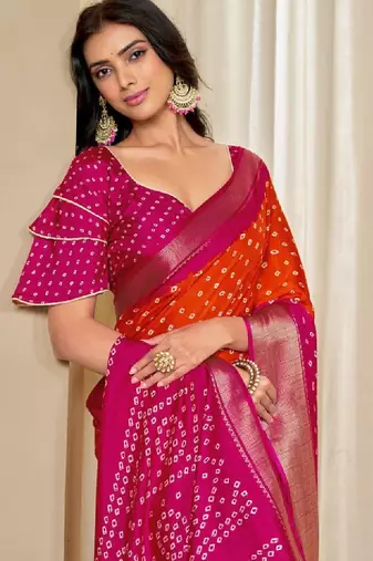Kalini women dola silk bandhani print zari border saree