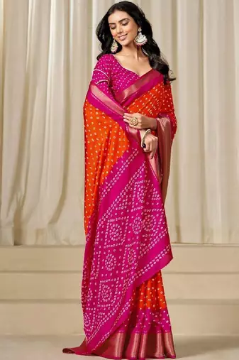Kalini women dola silk bandhani print zari border saree