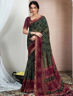 Printed zari pure chiffon bandhani saree 1