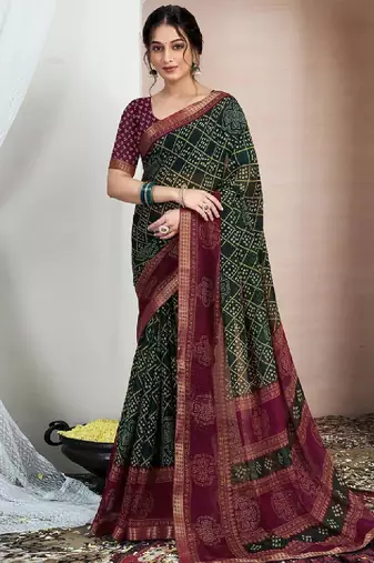 Printed zari pure chiffon bandhani saree