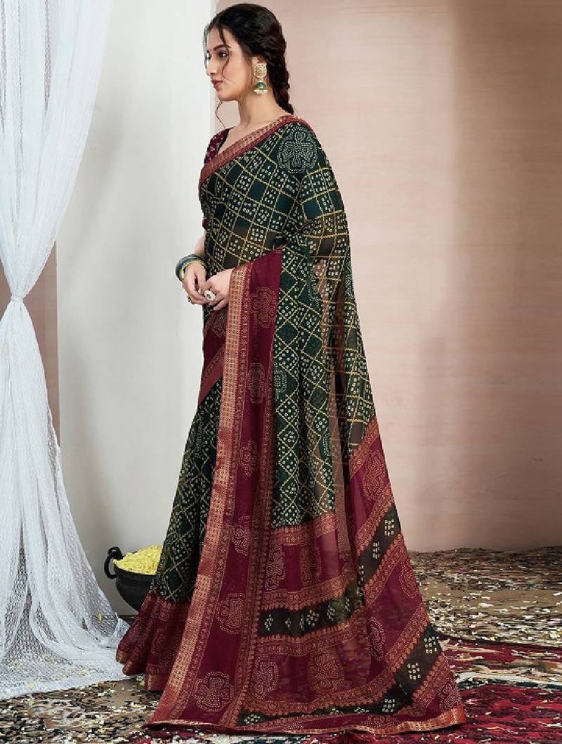 Printed zari pure chiffon bandhani saree