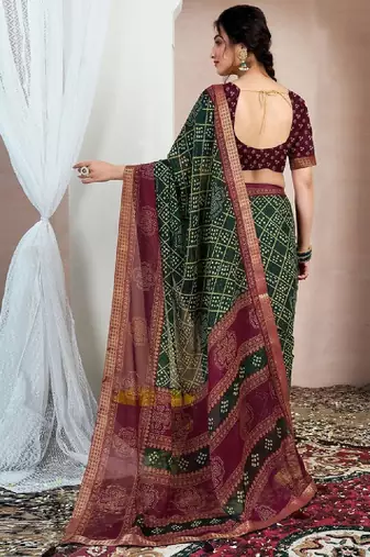 Printed zari pure chiffon bandhani saree