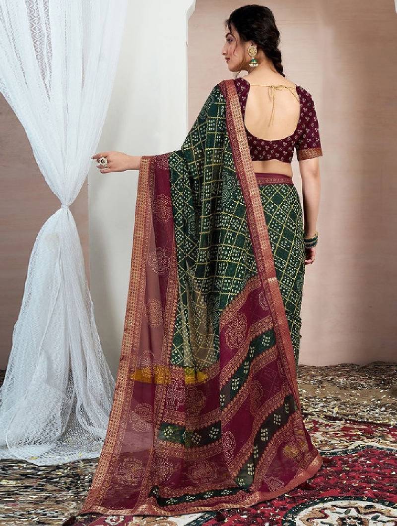 Printed zari pure chiffon bandhani saree