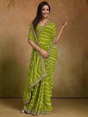 Printed sequinned embroidered border pure georgette leheriya saree 1