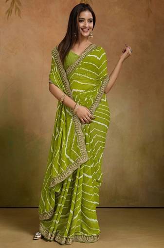 Printed sequinned embroidered border pure georgette leheriya saree