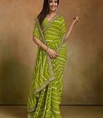 Printed sequinned embroidered border pure georgette leheriya saree