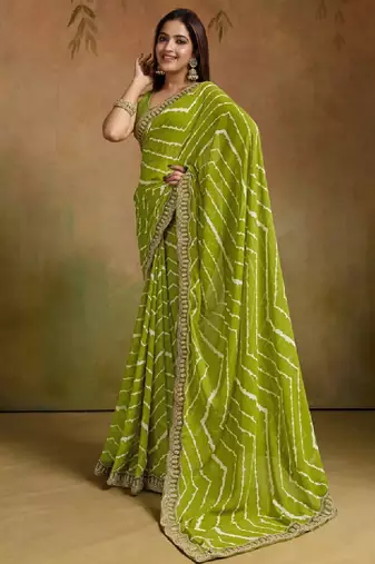 Printed sequinned embroidered border pure georgette leheriya saree