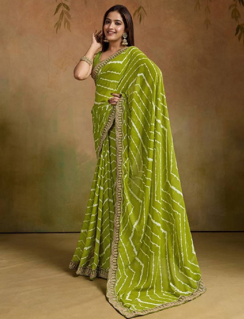Printed sequinned embroidered border pure georgette leheriya saree