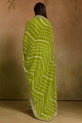 Printed sequinned embroidered border pure georgette leheriya saree