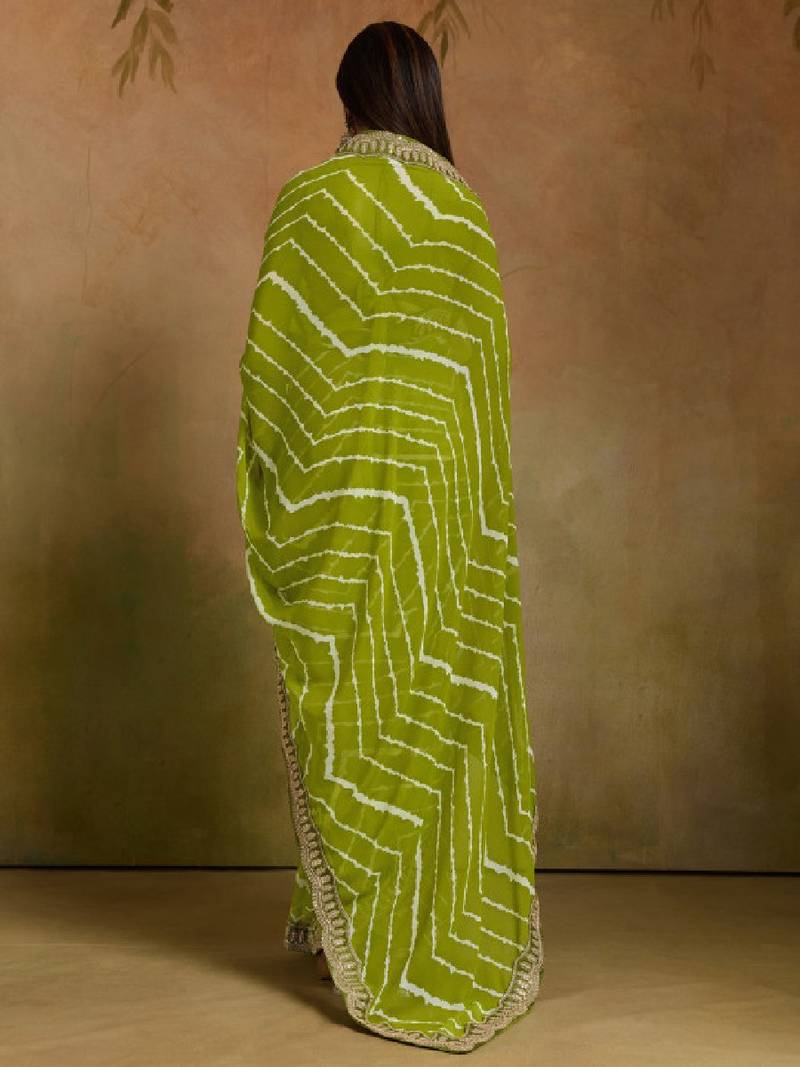 Printed sequinned embroidered border pure georgette leheriya saree