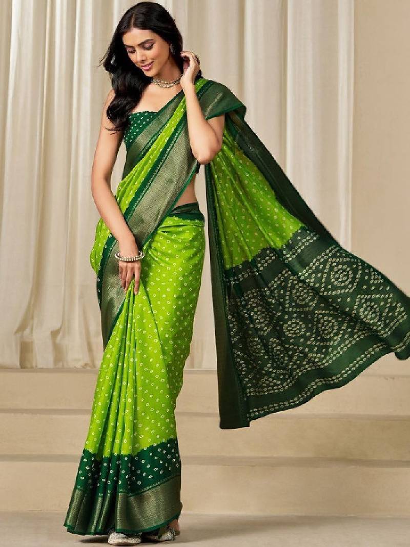 Kalini women dola silk bandhani print zari border saree