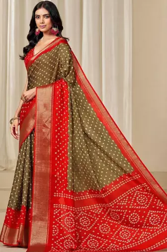 Kalini women dola silk bandhani print zari border saree