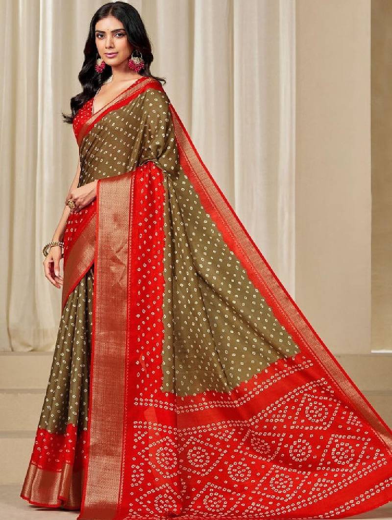 Kalini women dola silk bandhani print zari border saree
