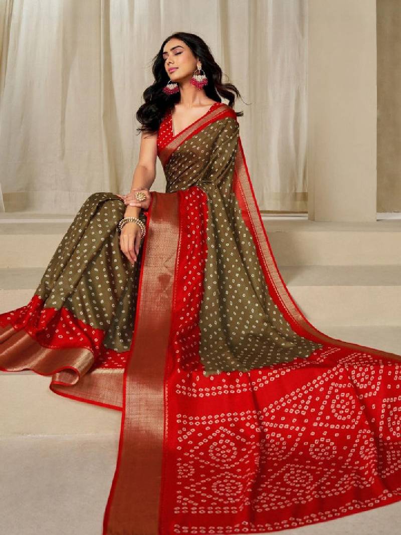 Kalini women dola silk bandhani print zari border saree