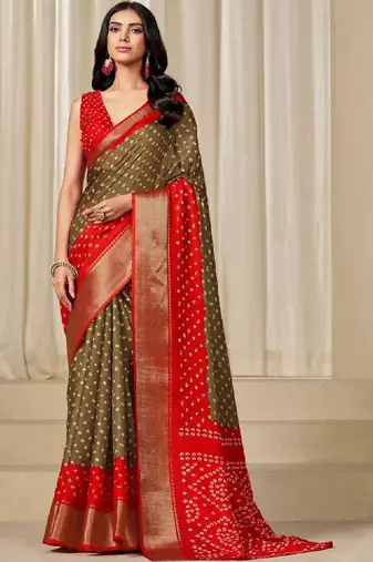 Kalini women dola silk bandhani print zari border saree
