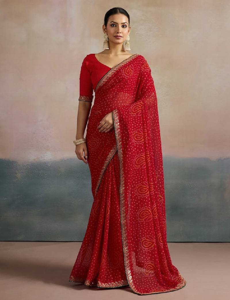 Sequinned pure georgette bandhani saree