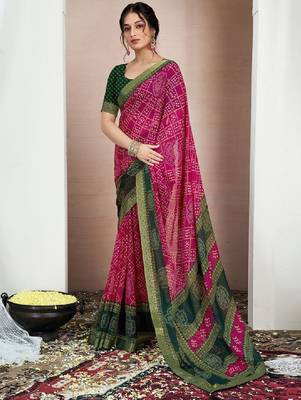 Printed zari pure chiffon bandhani saree 1