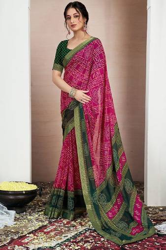 Printed zari pure chiffon bandhani saree