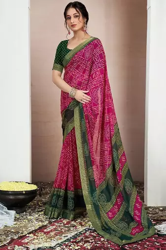 Printed zari pure chiffon bandhani saree