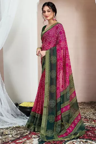 Printed zari pure chiffon bandhani saree