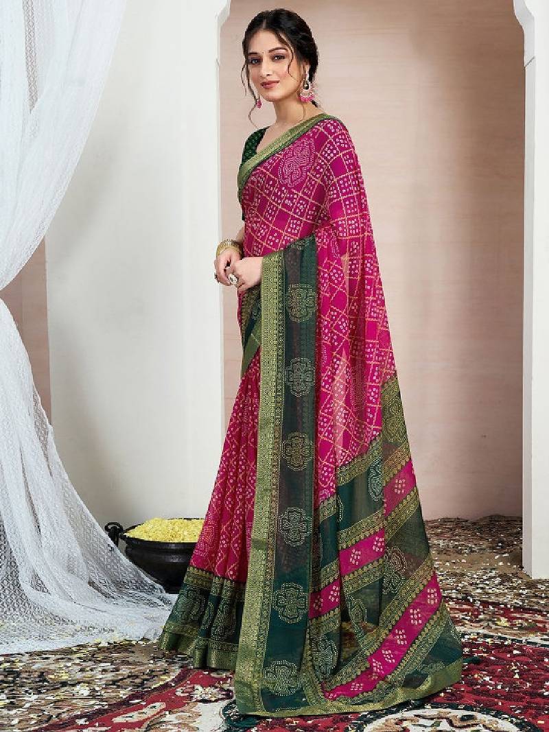 Printed zari pure chiffon bandhani saree