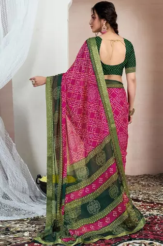 Printed zari pure chiffon bandhani saree
