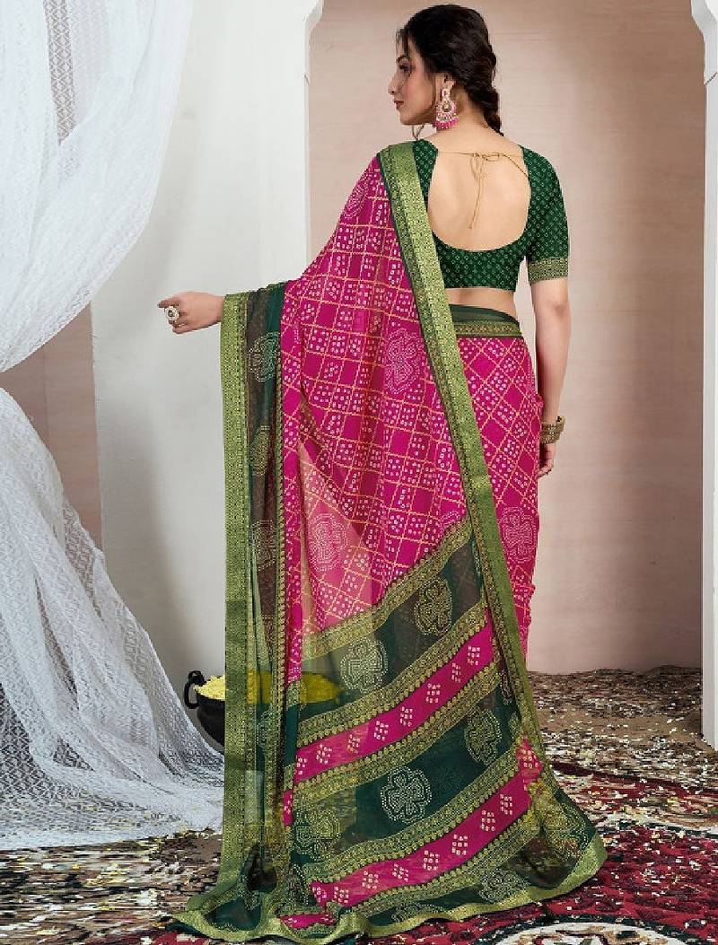 Printed zari pure chiffon bandhani saree