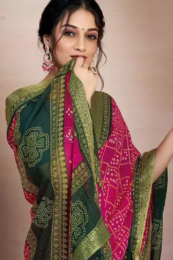 Printed zari pure chiffon bandhani saree