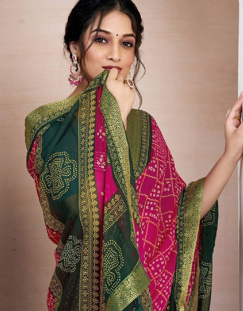 Printed zari pure chiffon bandhani saree