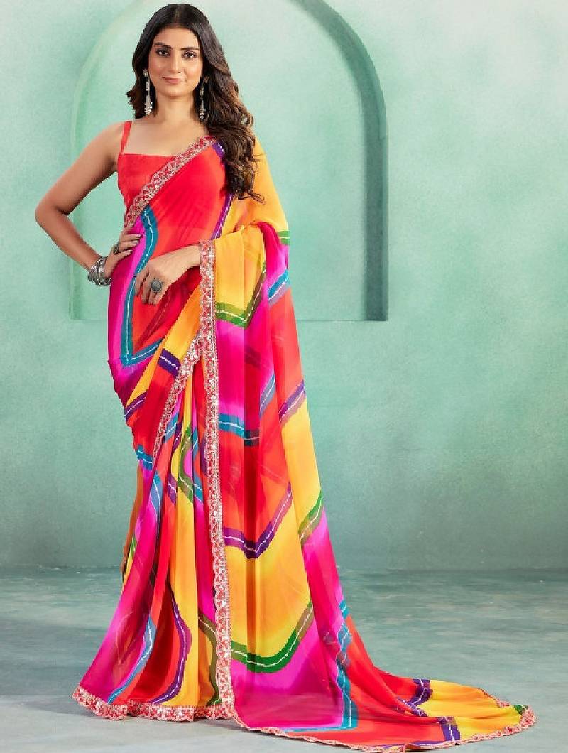 Leheriya sequinned pure georgette heavy work leheriya saree