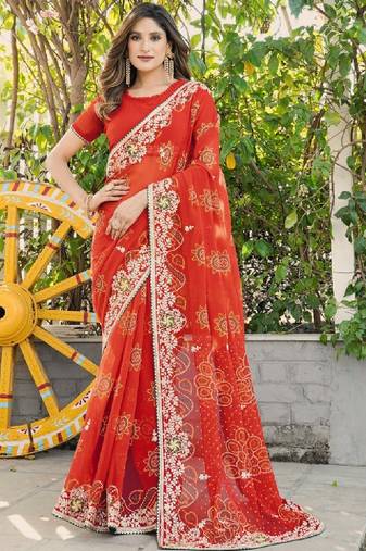 Embellished embroidered poly georgette bandhani saree