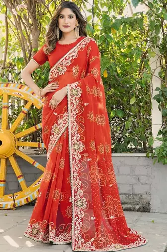 Embellished embroidered poly georgette bandhani saree