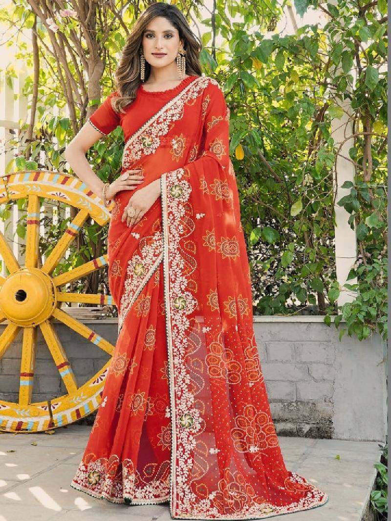 Embellished embroidered poly georgette bandhani saree