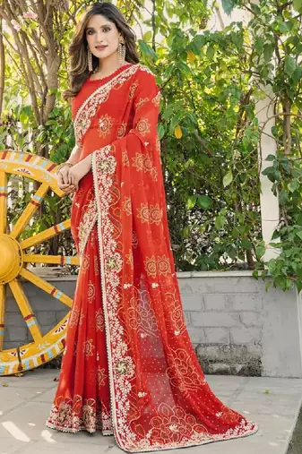 Embellished embroidered poly georgette bandhani saree