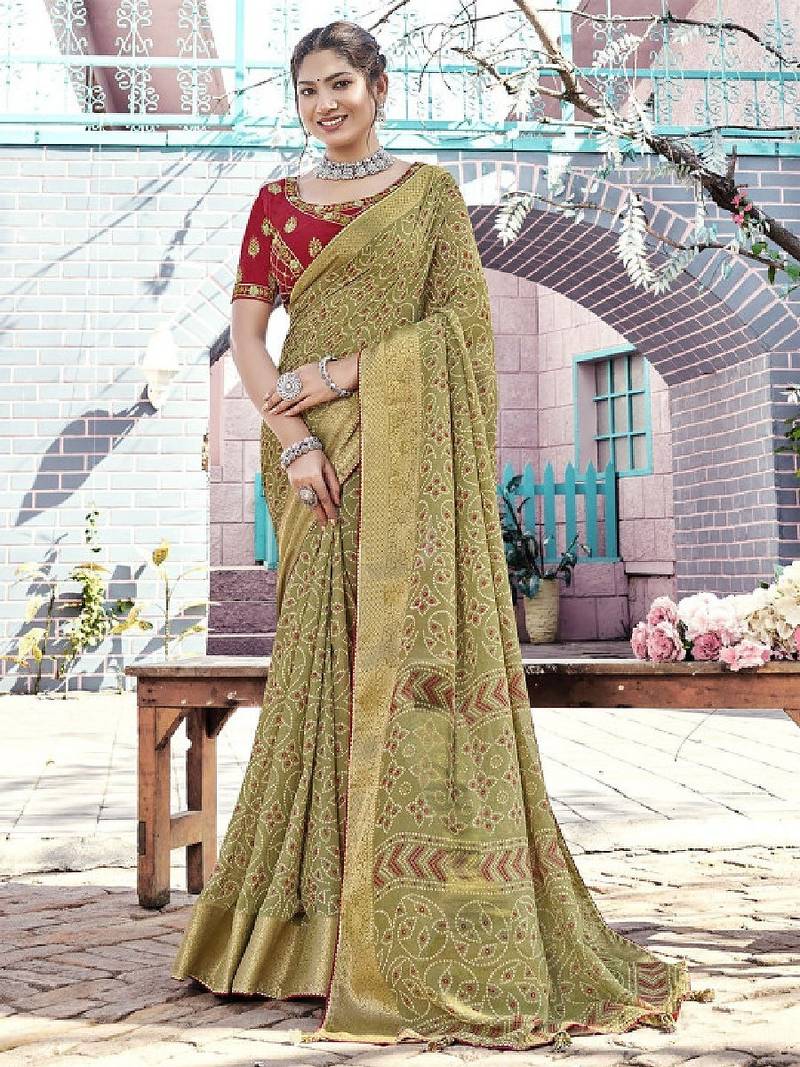 Printed zari bandhani saree