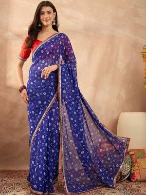 Floral sequinned poly georgette bandhani saree 1