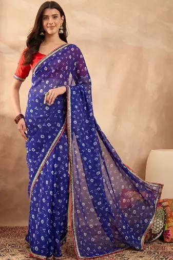 Floral sequinned poly georgette bandhani saree