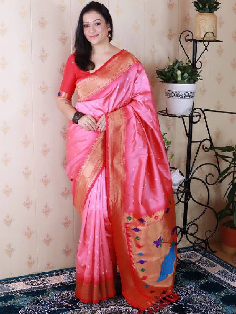Woven design zari silk blend bandhani saree