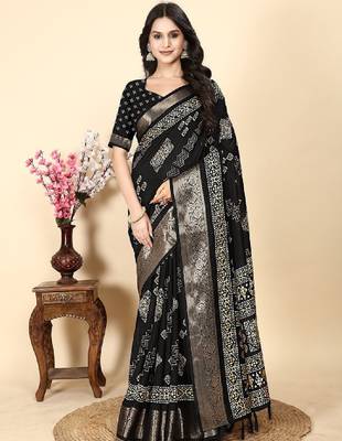 Floral printed cotton silk bandhani saree 1