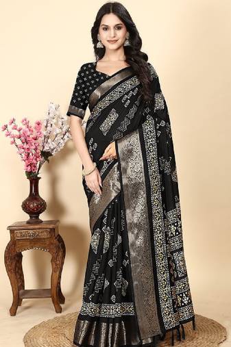 Floral printed cotton silk bandhani saree