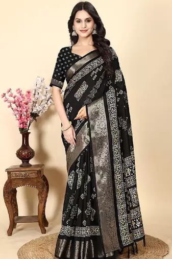 Floral printed cotton silk bandhani saree